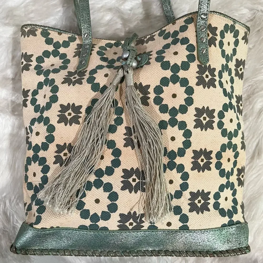 NEW Moroccan Boho Canvas Vegan Leather Whipstitched Sage Tan Tote Shoulder Bag